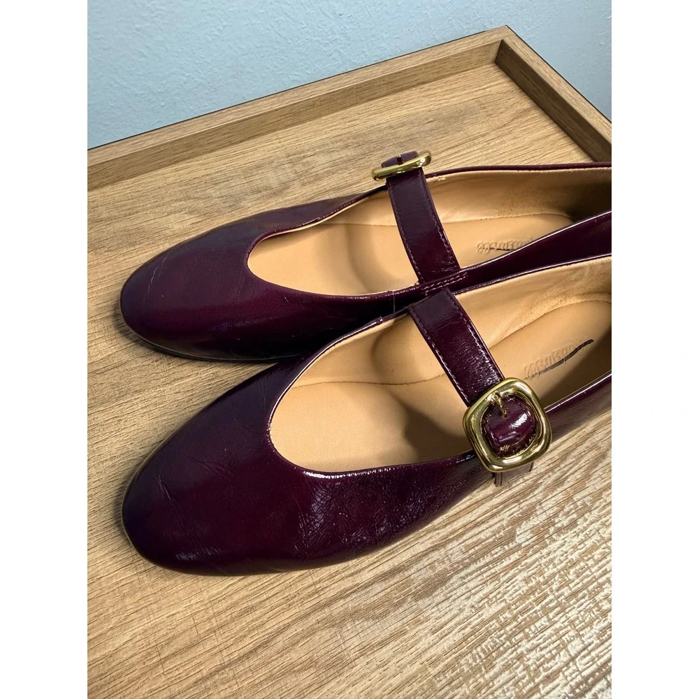 Madewell Burgundy Patent Leather Mary Jane Flats with Gold Buckle